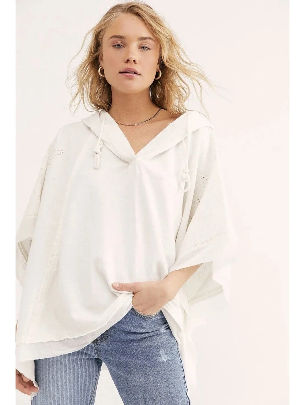 Free People Be There Oversized Ivory Hoodie Poncho Embroidered Eyelet Detailing
